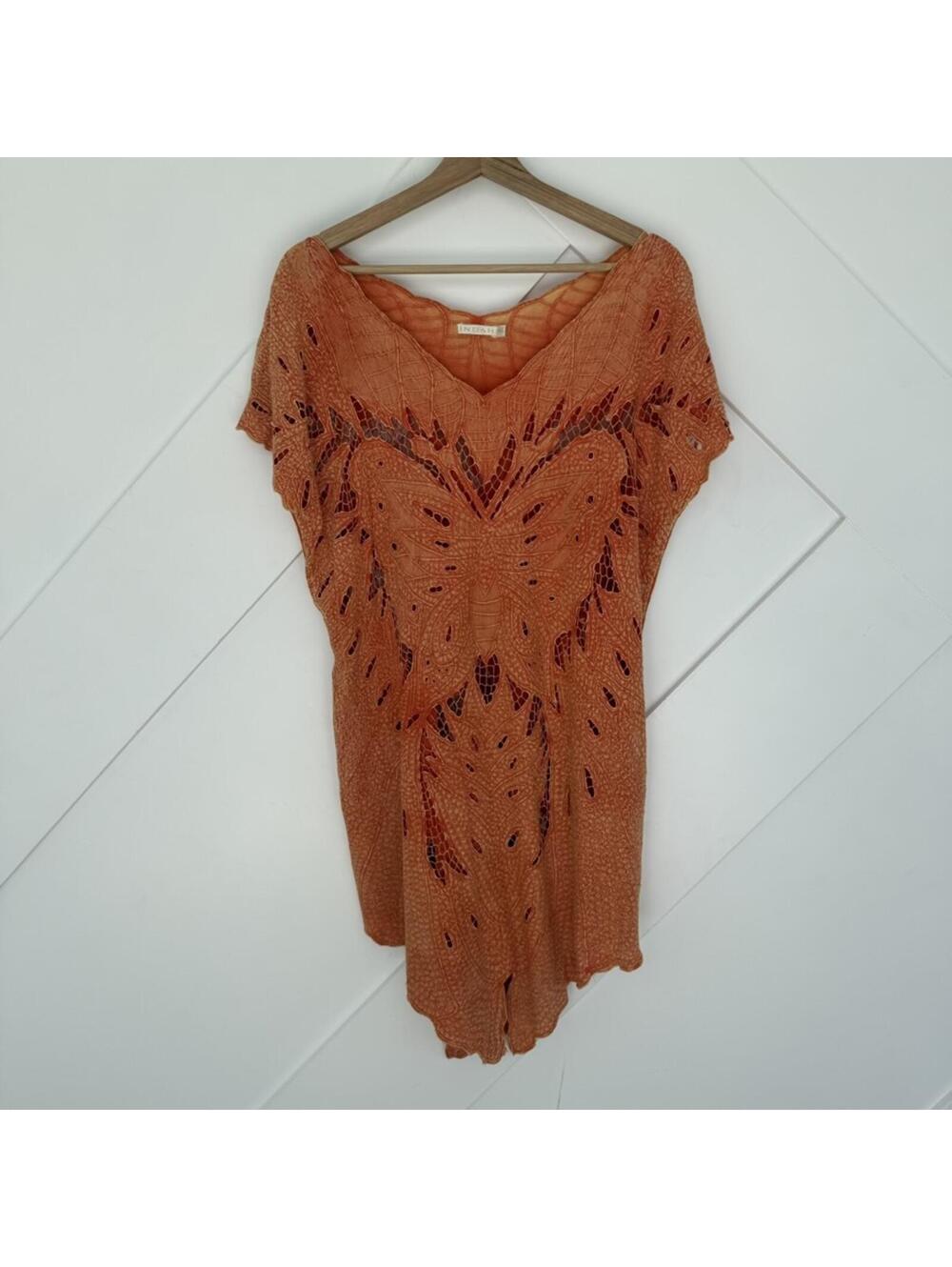 Indah Orange Butterfly Crochet Knit Tunic Top Cover-Up M/L